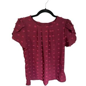 🌼 NWT LS | Wine Swiss Dot Pleated Petal Sleeve Top - Women Size Small